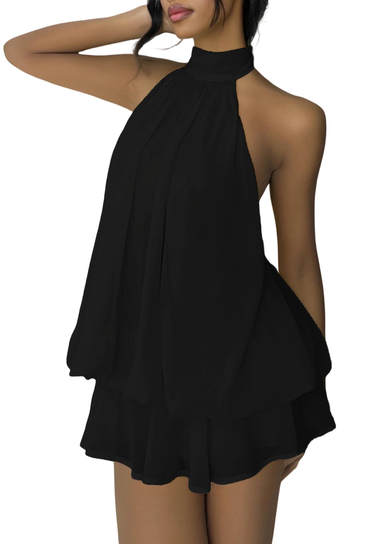SHINFY Women Chiffon Halter Cocktail Dresses for Wedding Guest Ruffle Mini Beach Vacation Birthday Dresses