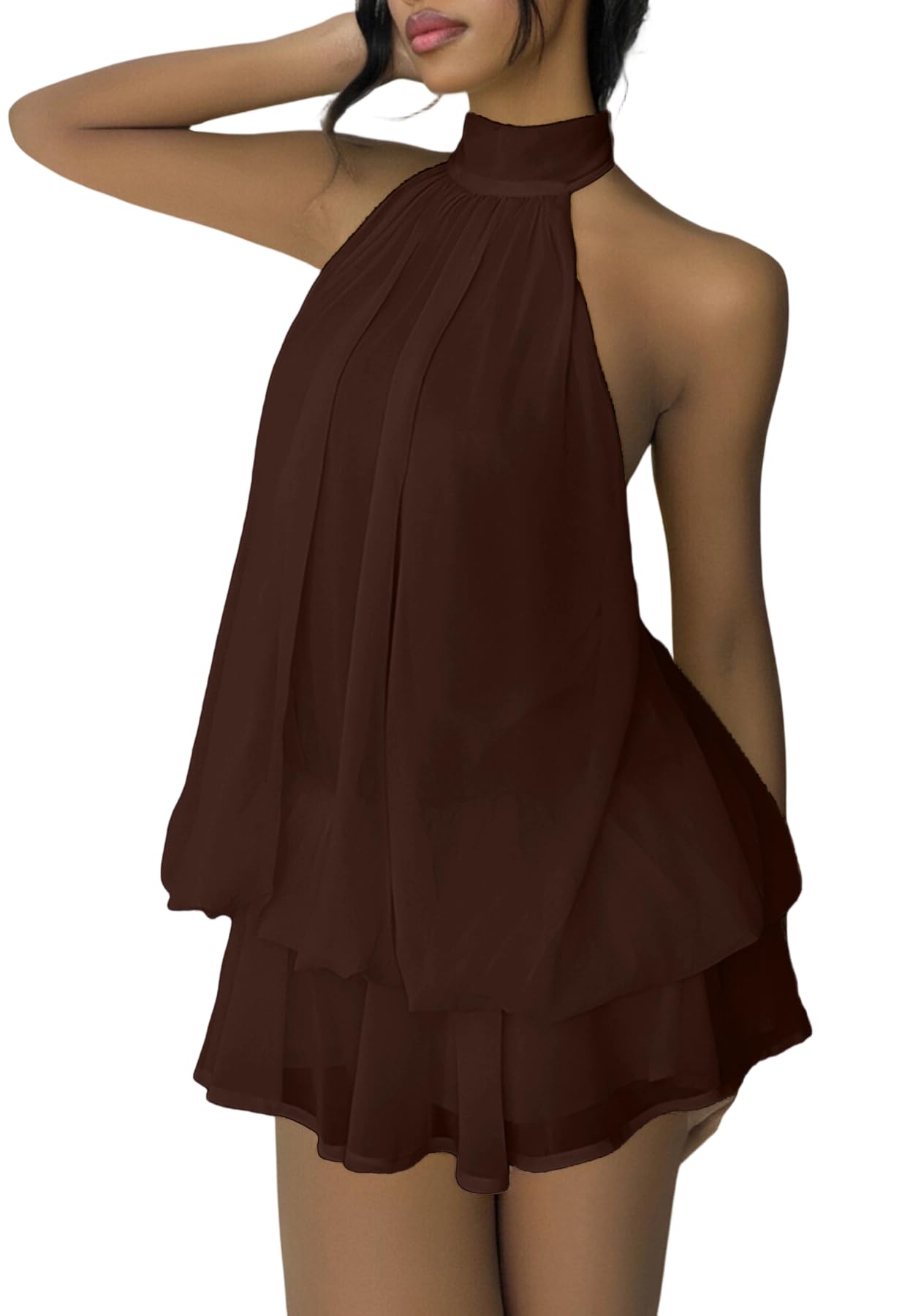 SHINFY Women Chiffon Halter Cocktail Dresses for Wedding Guest Ruffle Mini Beach Vacation Birthday Dresses
