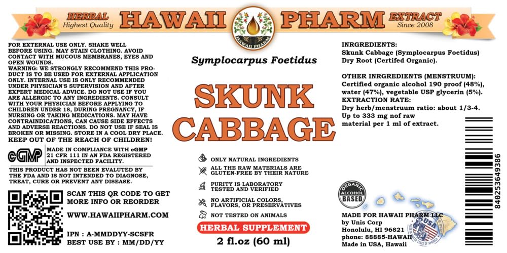 HawaiiPharm Skunk Cabbage Liquid Extract, Skunk Cabbage (Symplocarpus Foetidus) Root Powder Tincture, Herbal Supplement, Made in USA, 2 fl.oz