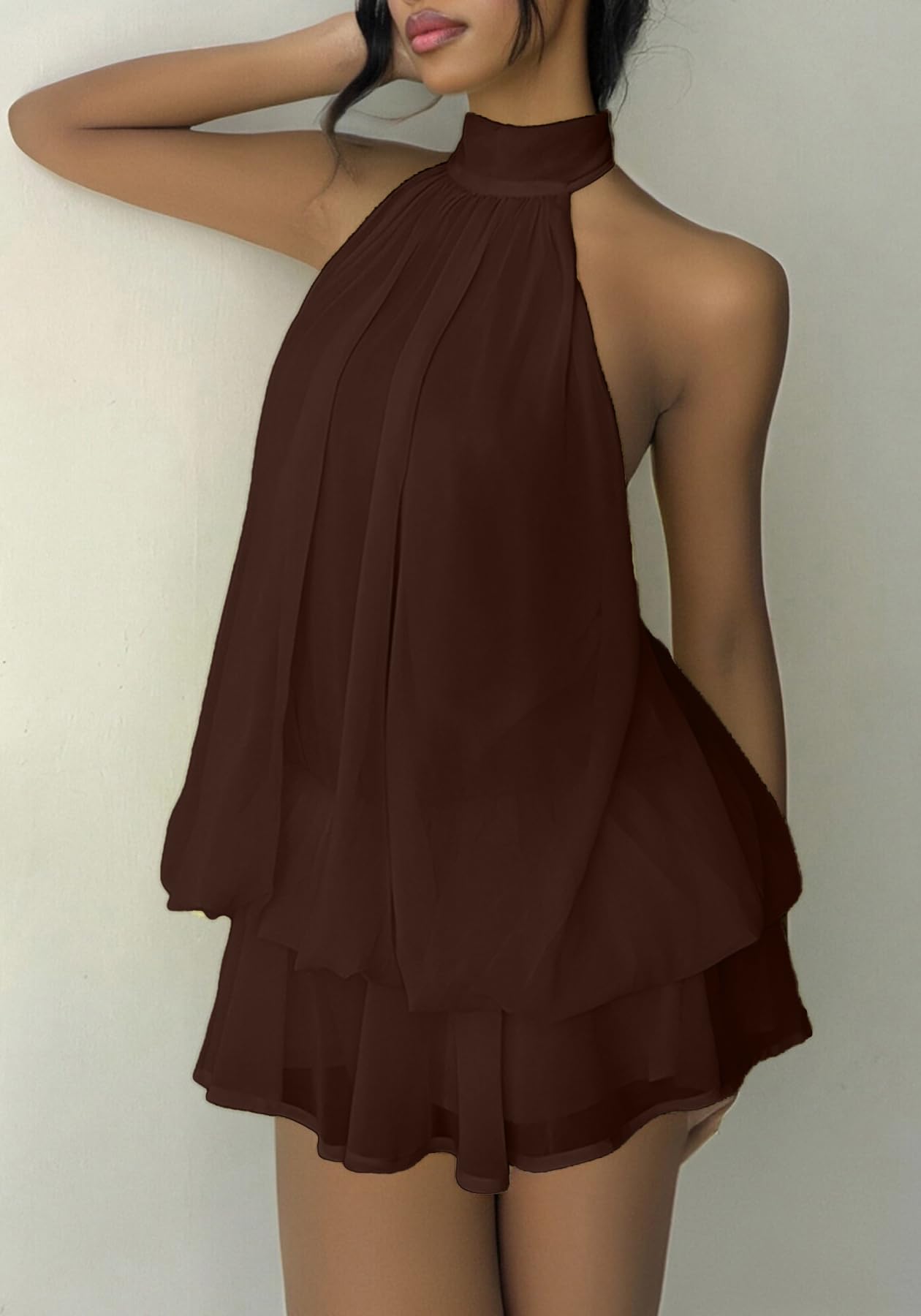 SHINFY Women Chiffon Halter Cocktail Dresses for Wedding Guest Ruffle Mini Beach Vacation Birthday Dresses