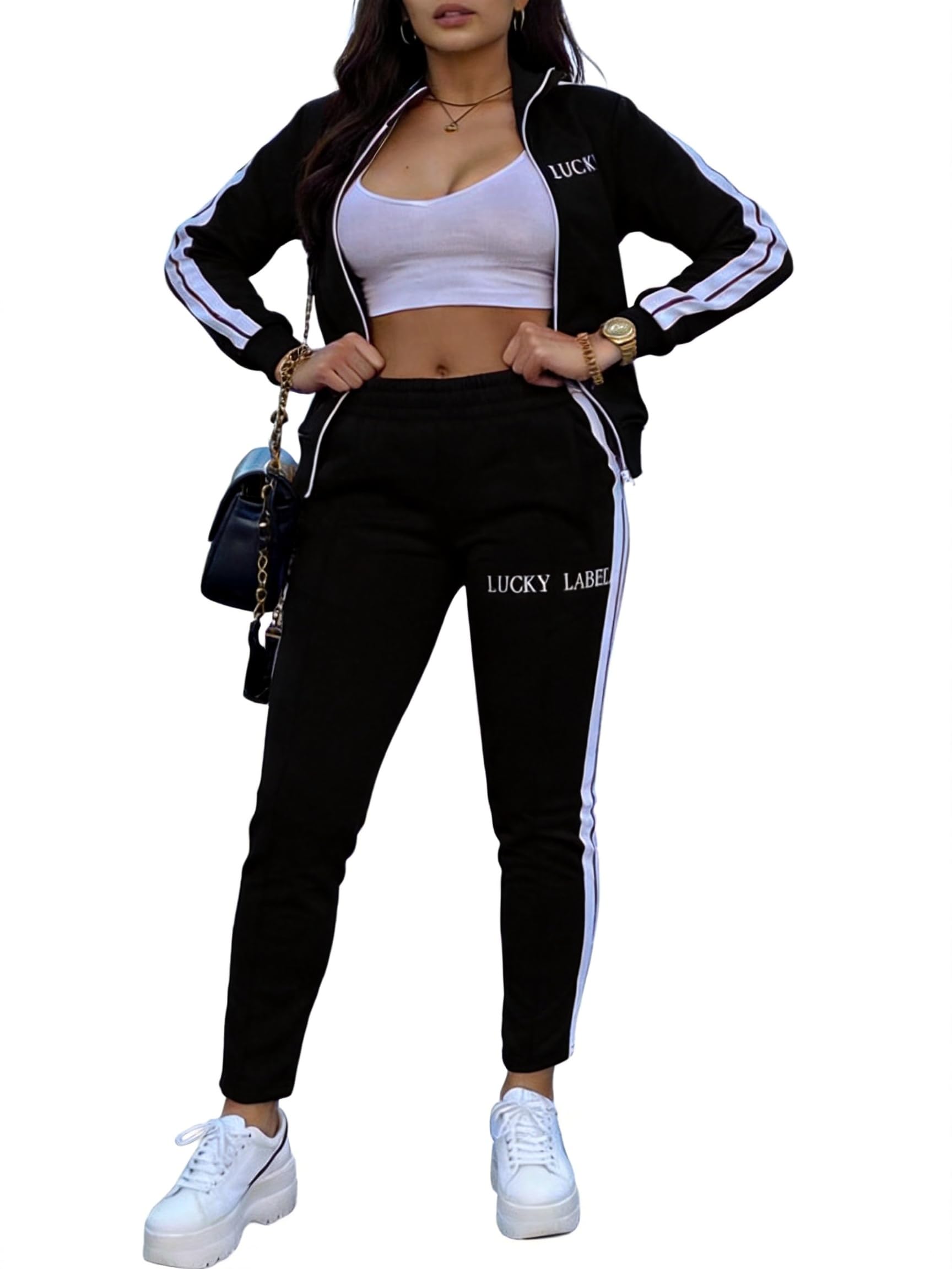 Women's 2 Piece Track Suits with Pockets,Full Zip Striped Sweatsuits Set,Jogging Sets Activewear with Jogger Pants S-XXL