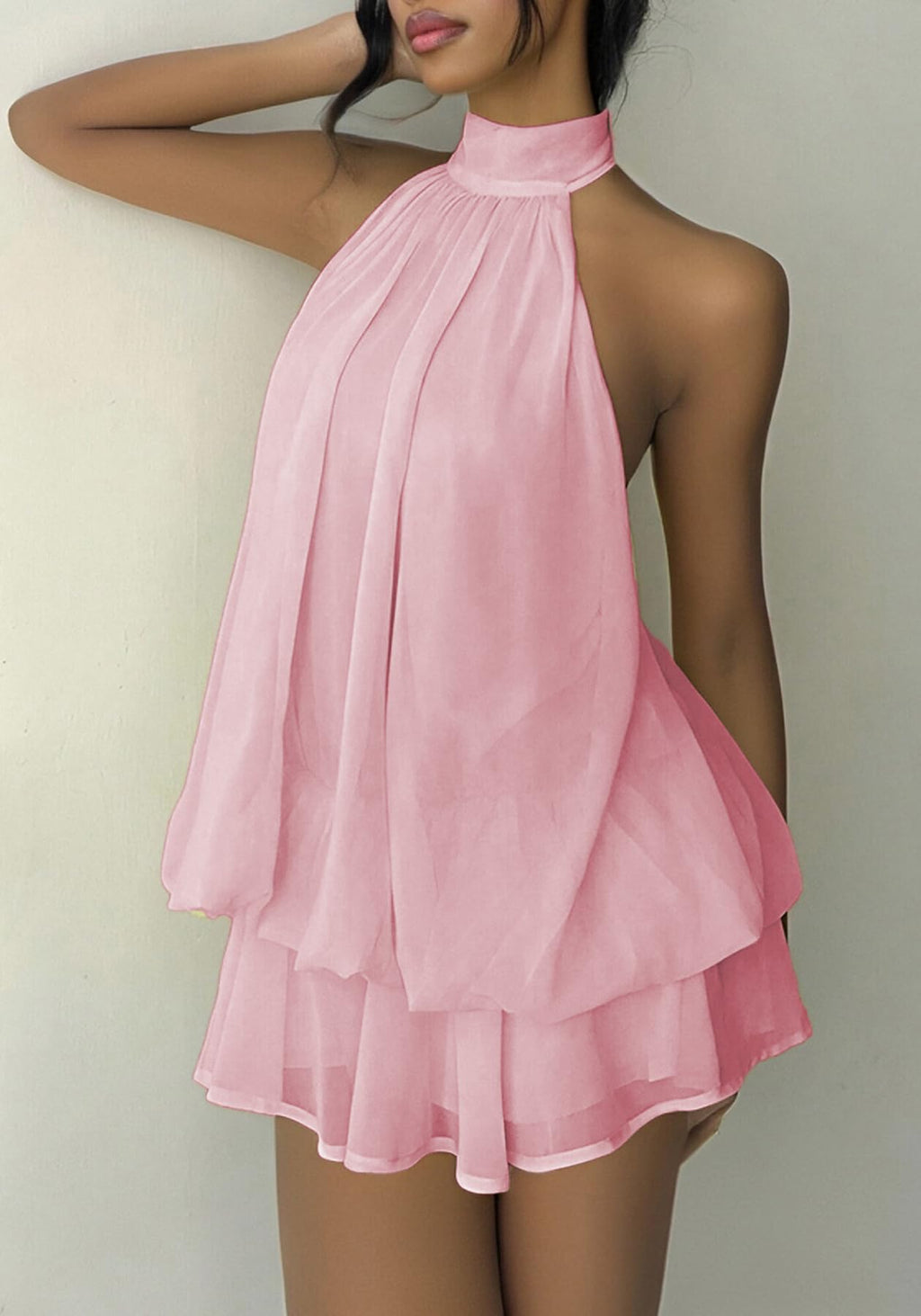 SHINFY Women Chiffon Halter Cocktail Dresses for Wedding Guest Ruffle Mini Beach Vacation Birthday Dresses