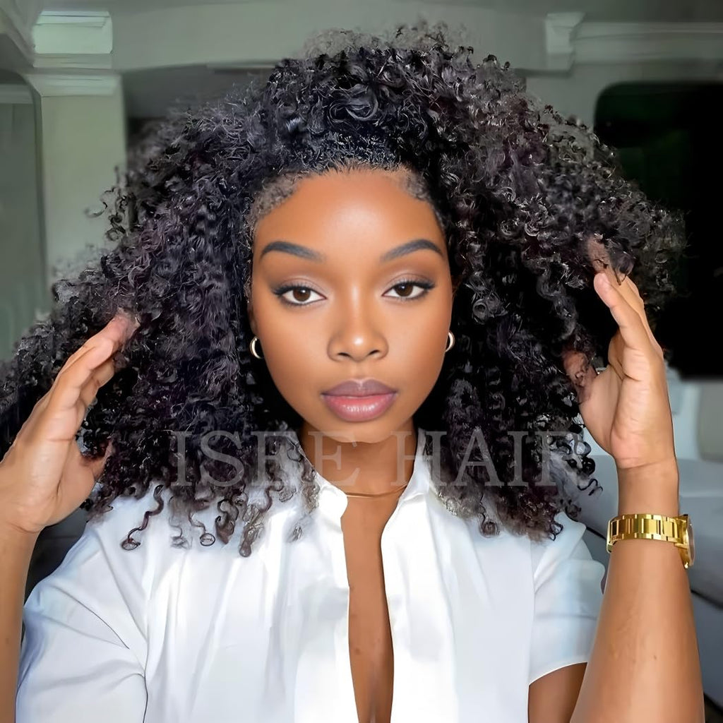 ISEE Half Wig Human Hair Glueless Wigs Upgrade 3 IN 1 Half Wig With Drawstring Seamless Clip Ins Flip Over Kinky Curly Human Hair No Glue No Lace For Women 180% Density 22 Inch
