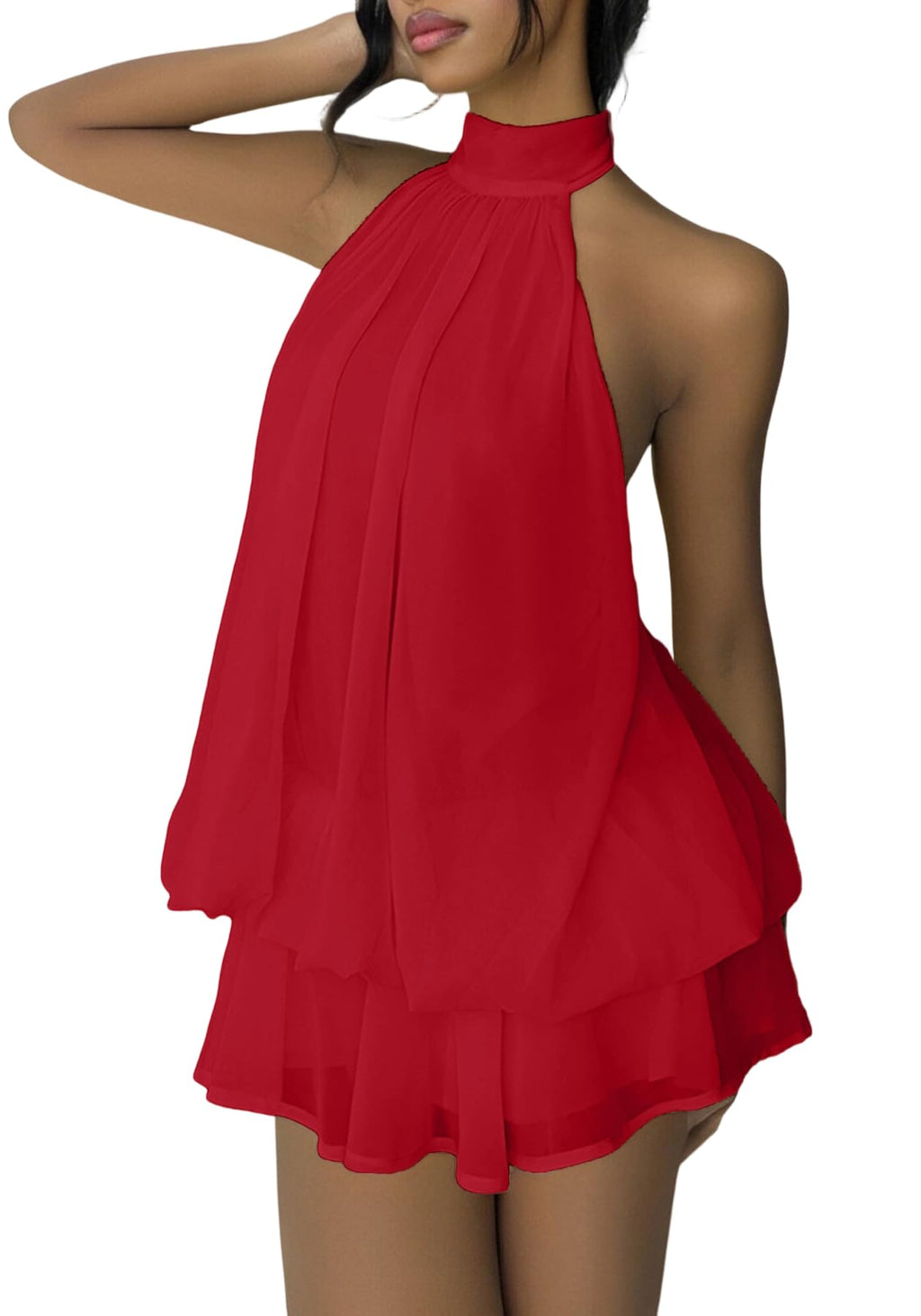 SHINFY Women Chiffon Halter Cocktail Dresses for Wedding Guest Ruffle Mini Beach Vacation Birthday Dresses