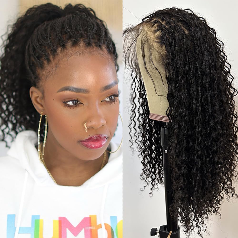 FlowerSeason Boho Box Braids Wig Full Lace Braided Wig Human Hair Square Parted Knotless Pre Pluched With Baby Hair Braided Wigs for Black Women(12 inch)