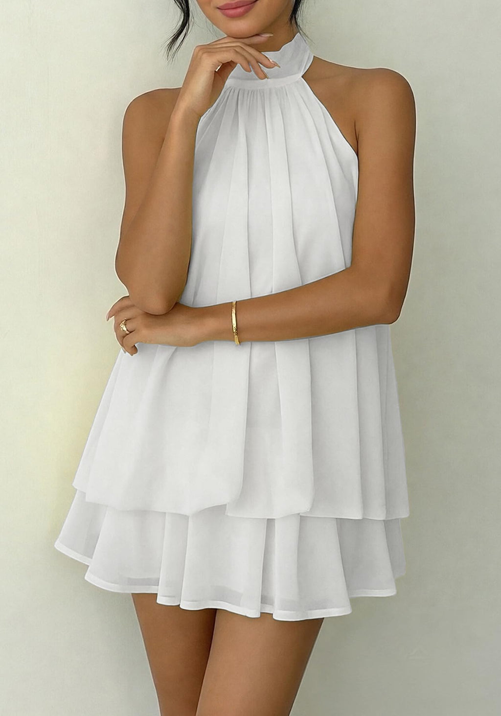 SHINFY Women Chiffon Halter Cocktail Dresses for Wedding Guest Ruffle Mini Beach Vacation Birthday Dresses