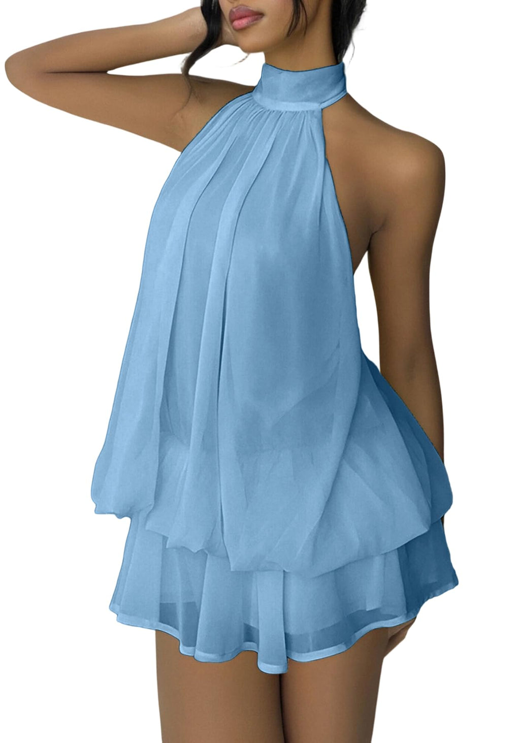 SHINFY Women Chiffon Halter Cocktail Dresses for Wedding Guest Ruffle Mini Beach Vacation Birthday Dresses