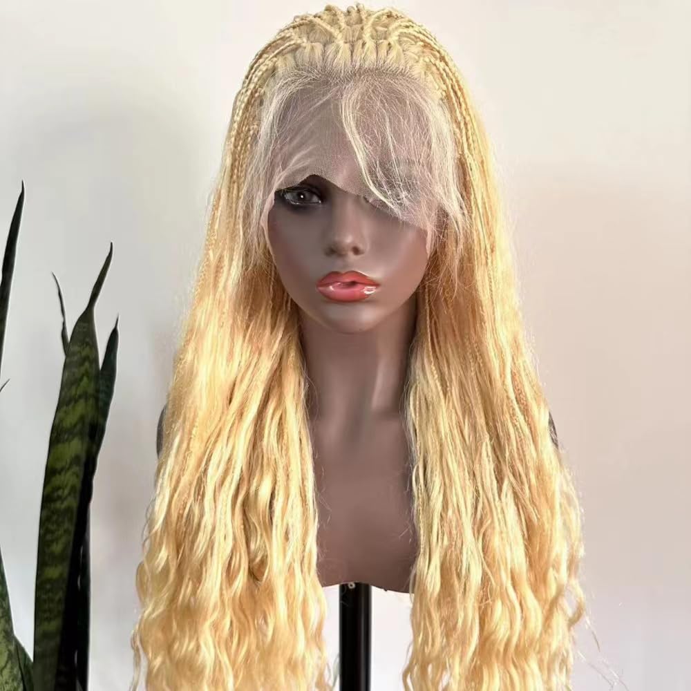 FlowerSeason Boho Box Braids Wig Full Lace Braided Wig Human Hair Square Parted Knotless Pre Pluched With Baby Hair Braided Wigs for Black Women(12 inch)