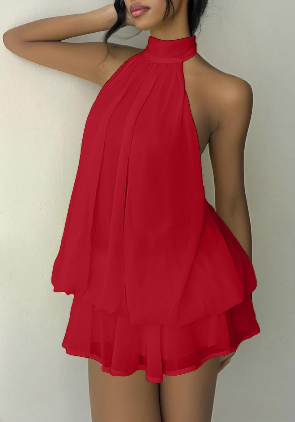 SHINFY Women Chiffon Halter Cocktail Dresses for Wedding Guest Ruffle Mini Beach Vacation Birthday Dresses