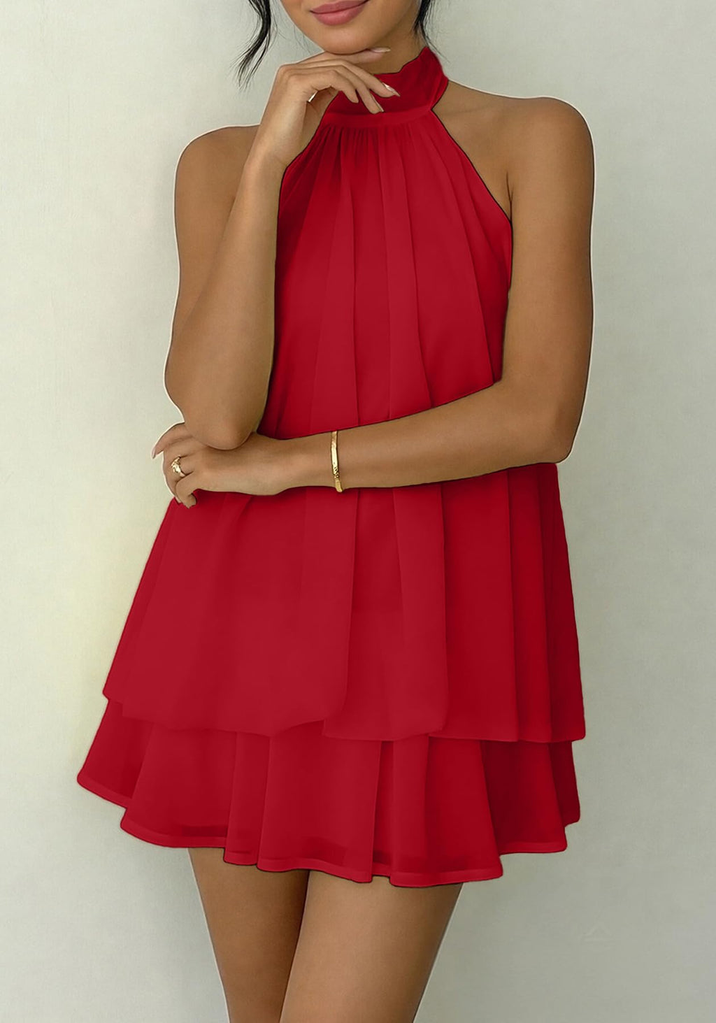SHINFY Women Chiffon Halter Cocktail Dresses for Wedding Guest Ruffle Mini Beach Vacation Birthday Dresses