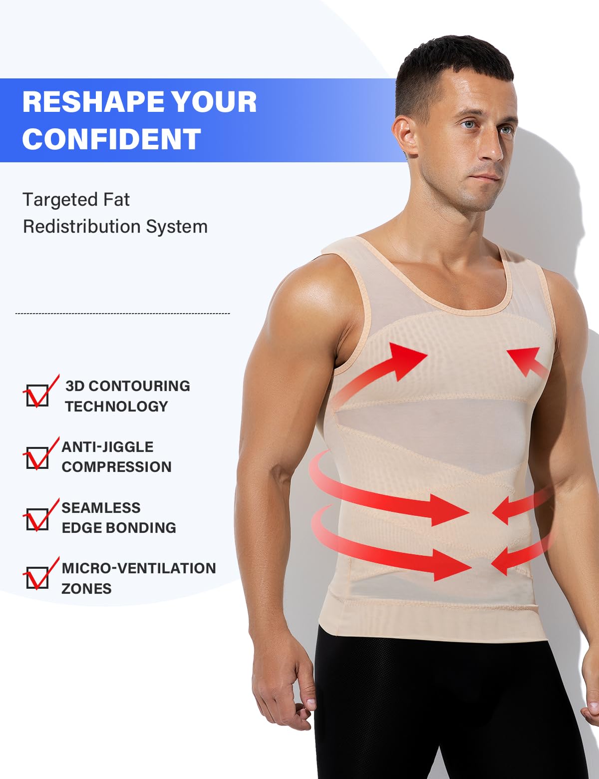 Arjen Kroos Compression Shirts for Men Breathable Mesh Slimming Tank Tops | Shapewear,Body Shaper,Fajas Para Hombres,Gynecomastia & Tummy Control,Posture Support,for Workout Gym/Dates/Formal Events