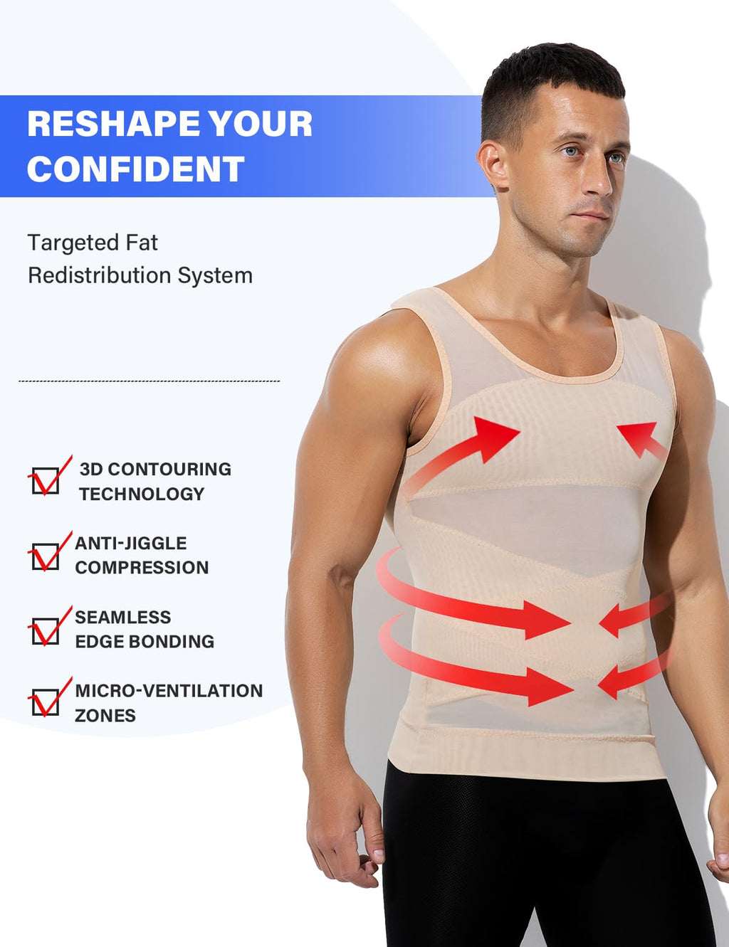 Arjen Kroos Compression Shirts for Men Breathable Mesh Slimming Tank Tops | Shapewear,Body Shaper,Fajas Para Hombres,Gynecomastia & Tummy Control,Posture Support,for Workout Gym/Dates/Formal Events