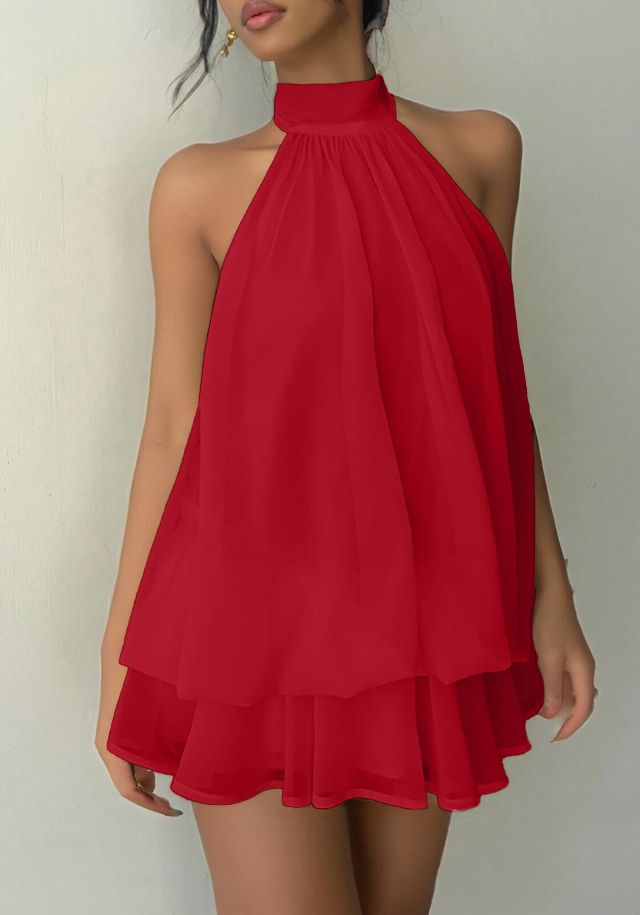 SHINFY Women Chiffon Halter Cocktail Dresses for Wedding Guest Ruffle Mini Beach Vacation Birthday Dresses