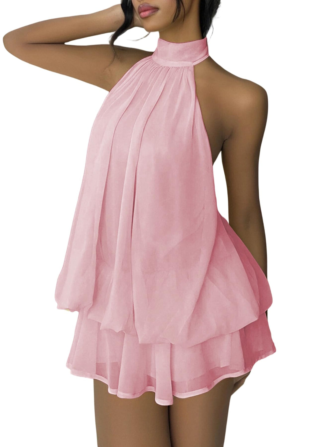 SHINFY Women Chiffon Halter Cocktail Dresses for Wedding Guest Ruffle Mini Beach Vacation Birthday Dresses