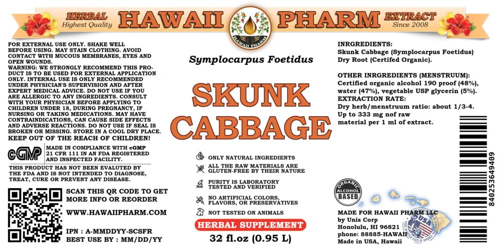 HawaiiPharm Skunk Cabbage Liquid Extract, Skunk Cabbage (Symplocarpus Foetidus) Root Powder Tincture, Herbal Supplement, Made in USA, 2 fl.oz
