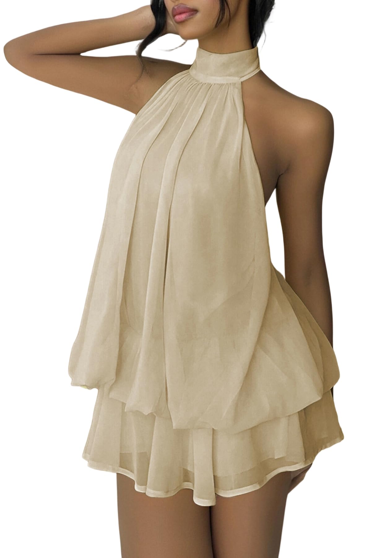 SHINFY Women Chiffon Halter Cocktail Dresses for Wedding Guest Ruffle Mini Beach Vacation Birthday Dresses