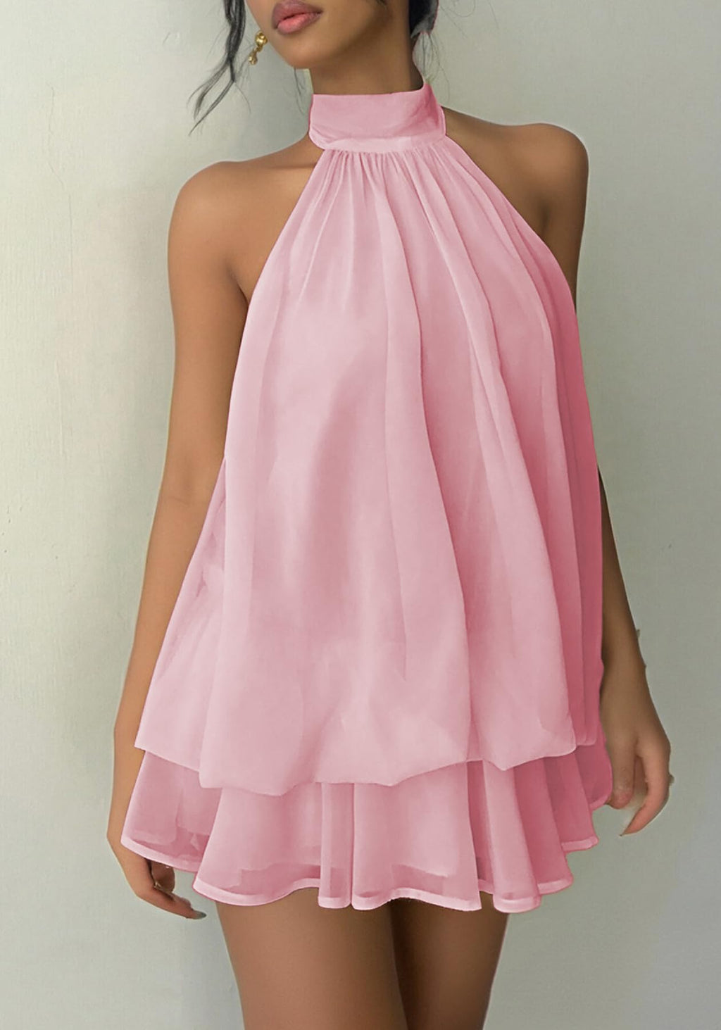 SHINFY Women Chiffon Halter Cocktail Dresses for Wedding Guest Ruffle Mini Beach Vacation Birthday Dresses