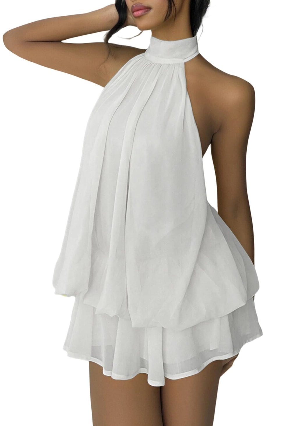 SHINFY Women Chiffon Halter Cocktail Dresses for Wedding Guest Ruffle Mini Beach Vacation Birthday Dresses