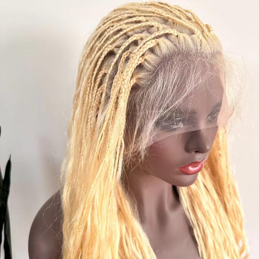 FlowerSeason Boho Box Braids Wig Full Lace Braided Wig Human Hair Square Parted Knotless Pre Pluched With Baby Hair Braided Wigs for Black Women(12 inch)