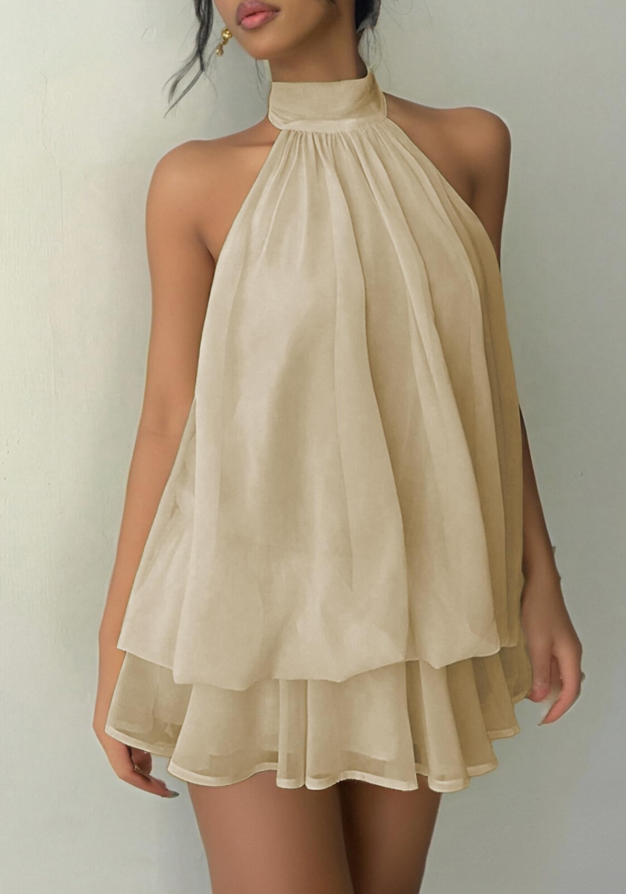 SHINFY Women Chiffon Halter Cocktail Dresses for Wedding Guest Ruffle Mini Beach Vacation Birthday Dresses