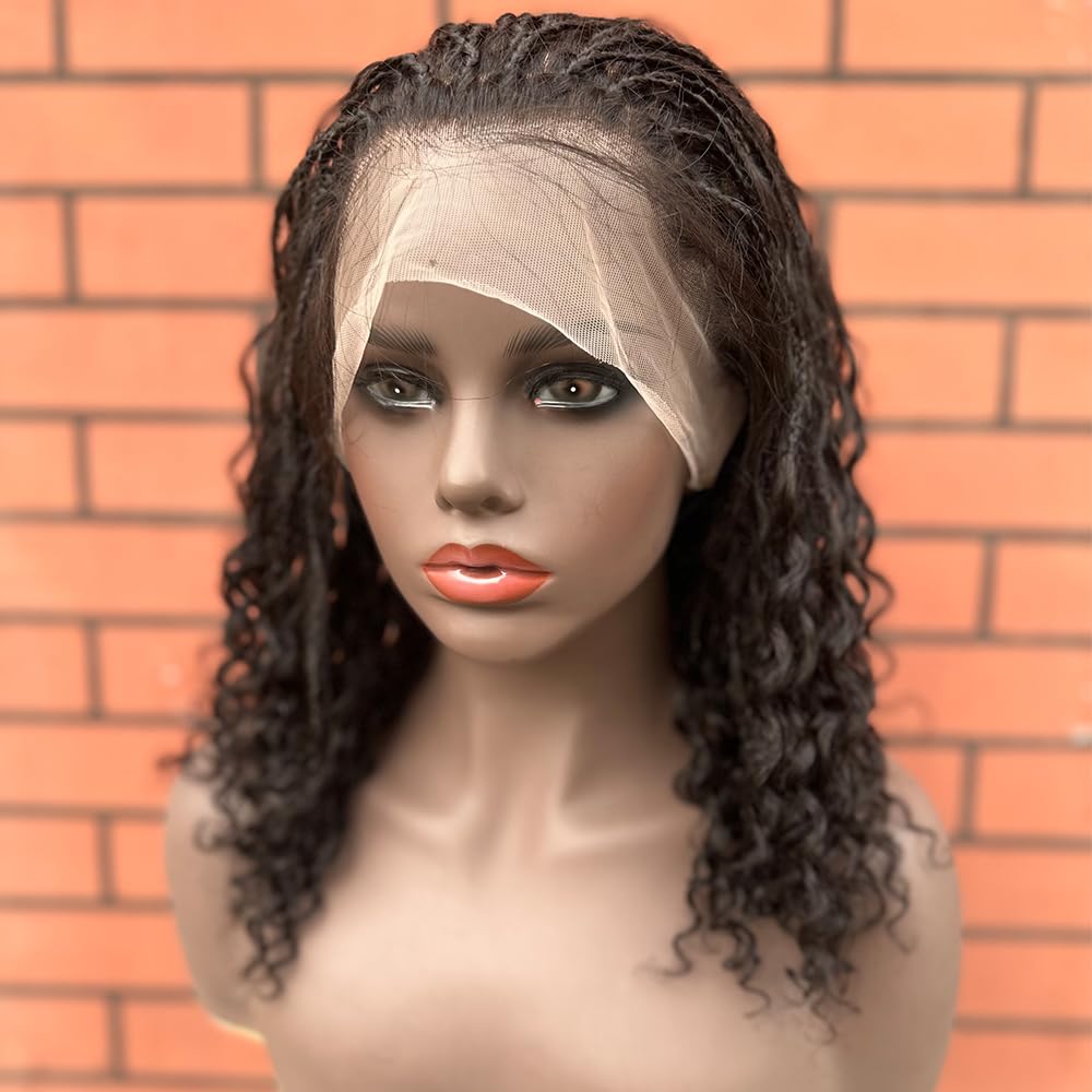 FlowerSeason Boho Box Braids Wig Full Lace Braided Wig Human Hair Square Parted Knotless Pre Pluched With Baby Hair Braided Wigs for Black Women(12 inch)