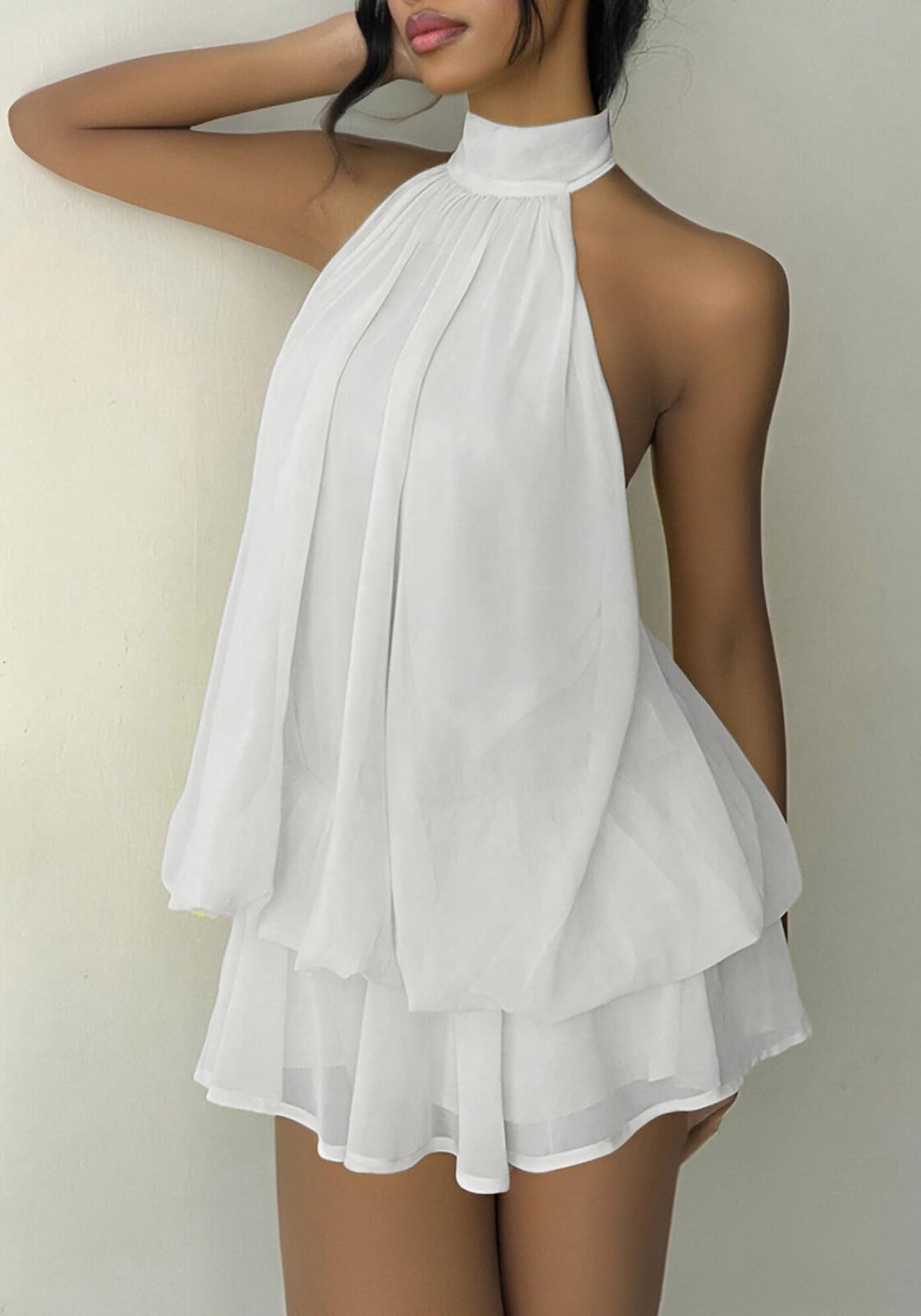 SHINFY Women Chiffon Halter Cocktail Dresses for Wedding Guest Ruffle Mini Beach Vacation Birthday Dresses