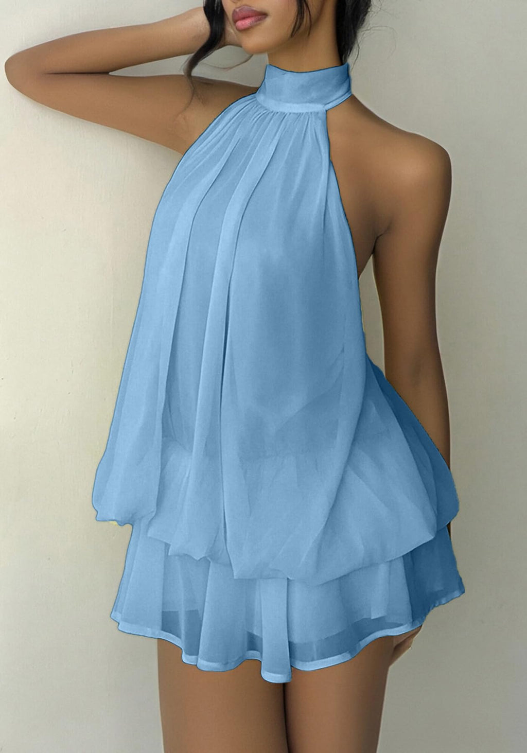 SHINFY Women Chiffon Halter Cocktail Dresses for Wedding Guest Ruffle Mini Beach Vacation Birthday Dresses