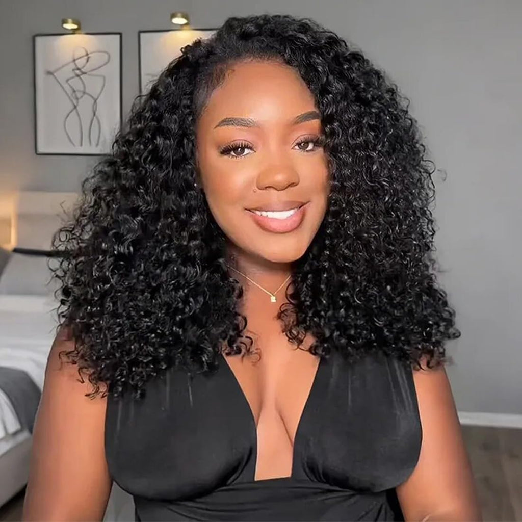 ISEE Half Wig Human Hair Glueless Wigs Upgrade 3 IN 1 Half Wig With Drawstring Seamless Clip Ins Flip Over Kinky Curly Human Hair No Glue No Lace For Women 180% Density 22 Inch