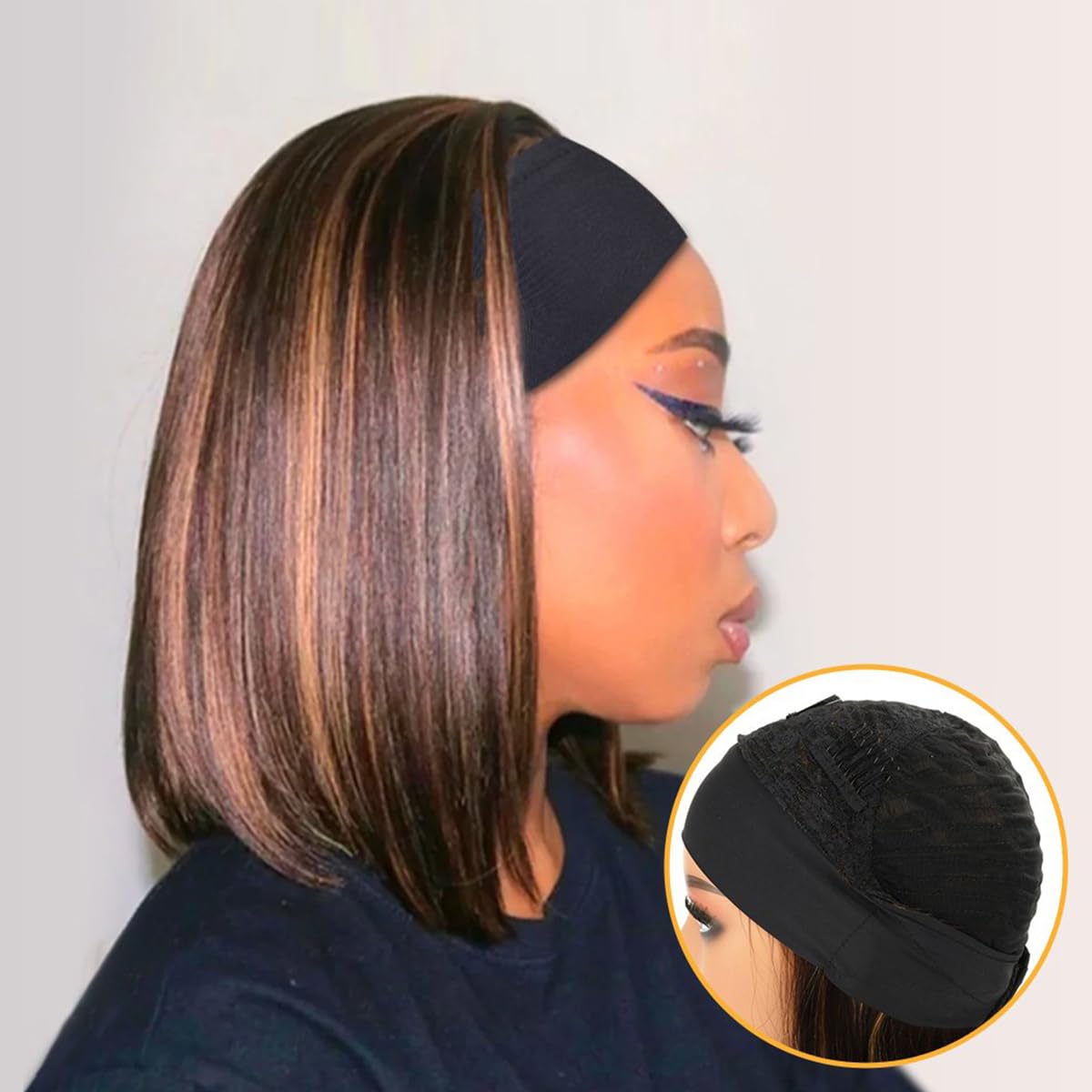 Long Wavy Headband Wig for Women Black Wigs with Brown Blonde Highlight 200% Denisty Headband Wigs Put On and Go Glueless Wig Long Synthetic Wig for Women Party Daliy Use