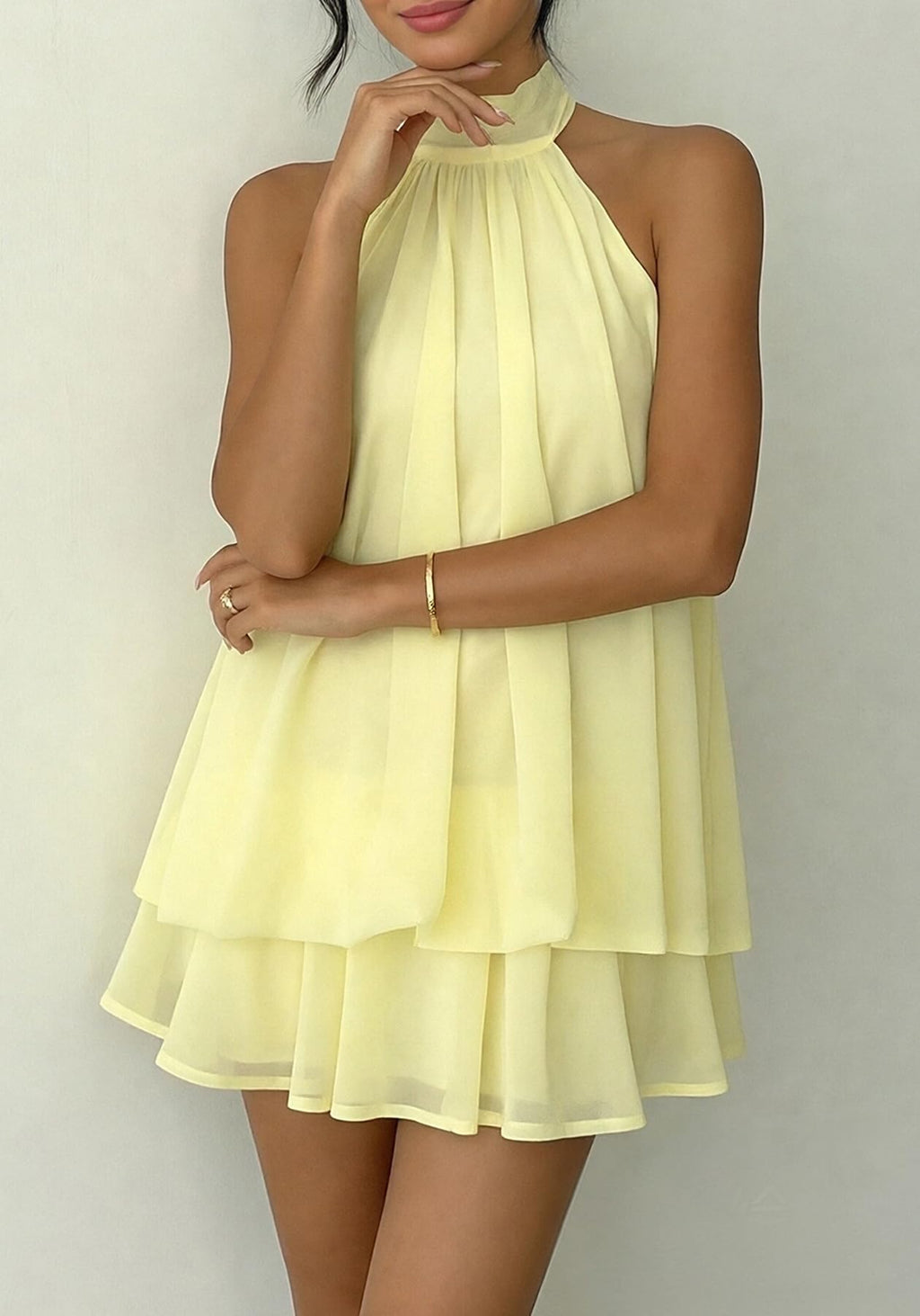 SHINFY Women Chiffon Halter Cocktail Dresses for Wedding Guest Ruffle Mini Beach Vacation Birthday Dresses