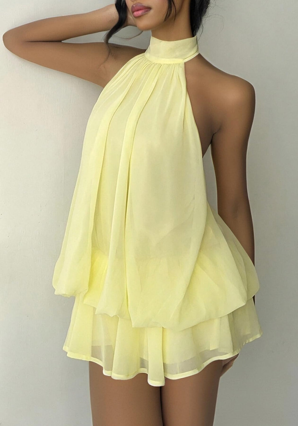 SHINFY Women Chiffon Halter Cocktail Dresses for Wedding Guest Ruffle Mini Beach Vacation Birthday Dresses