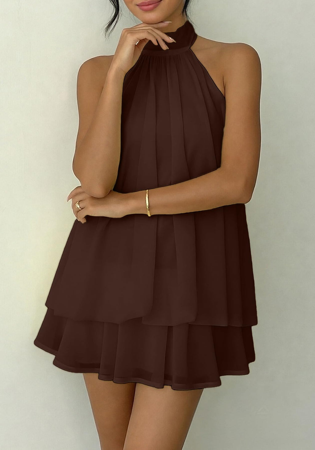 SHINFY Women Chiffon Halter Cocktail Dresses for Wedding Guest Ruffle Mini Beach Vacation Birthday Dresses