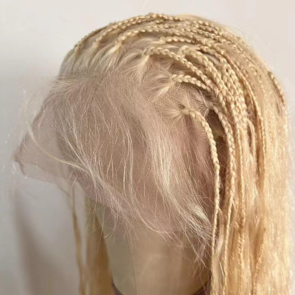FlowerSeason Boho Box Braids Wig Full Lace Braided Wig Human Hair Square Parted Knotless Pre Pluched With Baby Hair Braided Wigs for Black Women(12 inch)