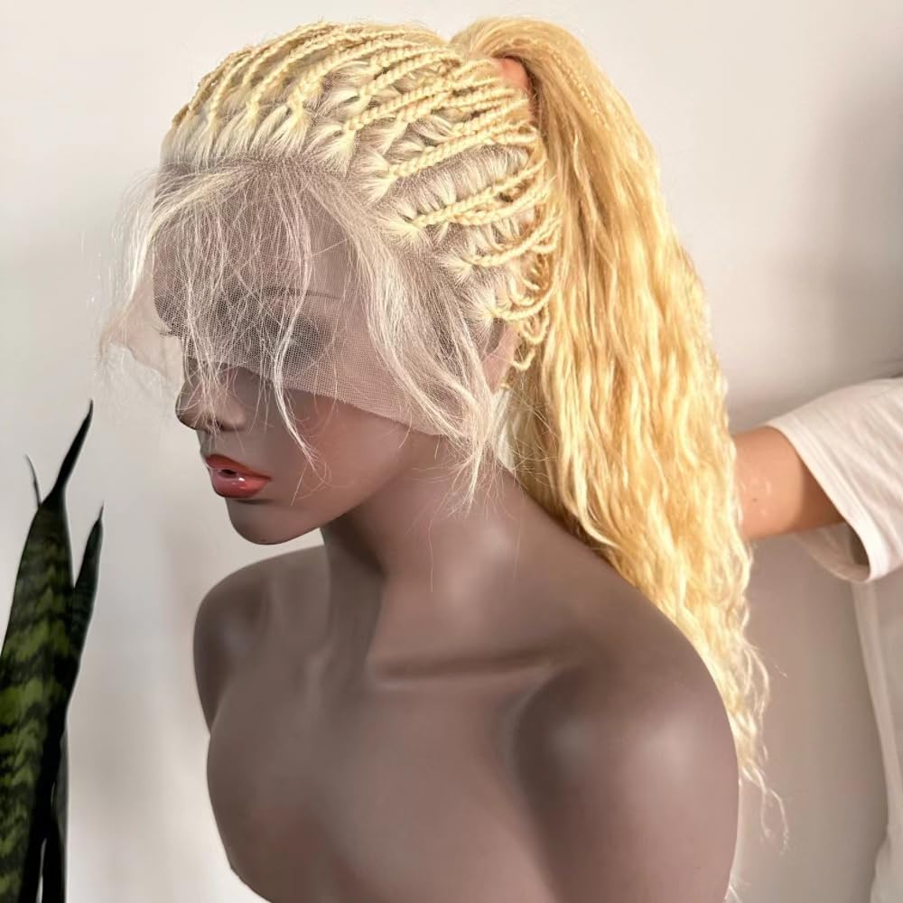 FlowerSeason Boho Box Braids Wig Full Lace Braided Wig Human Hair Square Parted Knotless Pre Pluched With Baby Hair Braided Wigs for Black Women(12 inch)