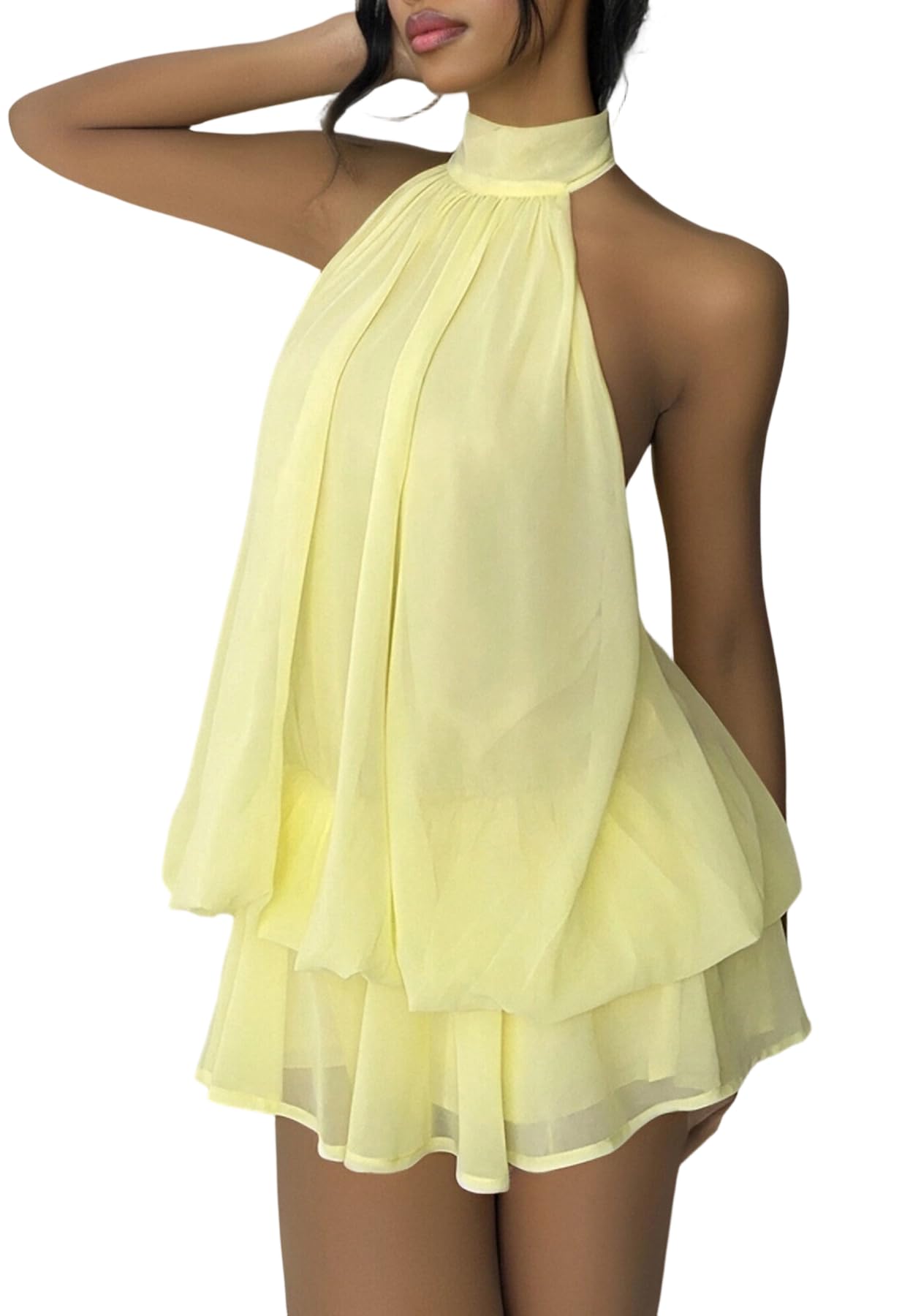 SHINFY Women Chiffon Halter Cocktail Dresses for Wedding Guest Ruffle Mini Beach Vacation Birthday Dresses