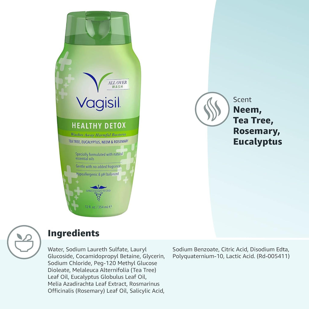 Vagisil Feminine Wash for Intimate Area Hygiene, Healthy Detox, All Over Body Wash for Women, Gynecologist Tested, Hypoallergenic and pH Balanced, 12 Fl Oz (Pack of 3)
