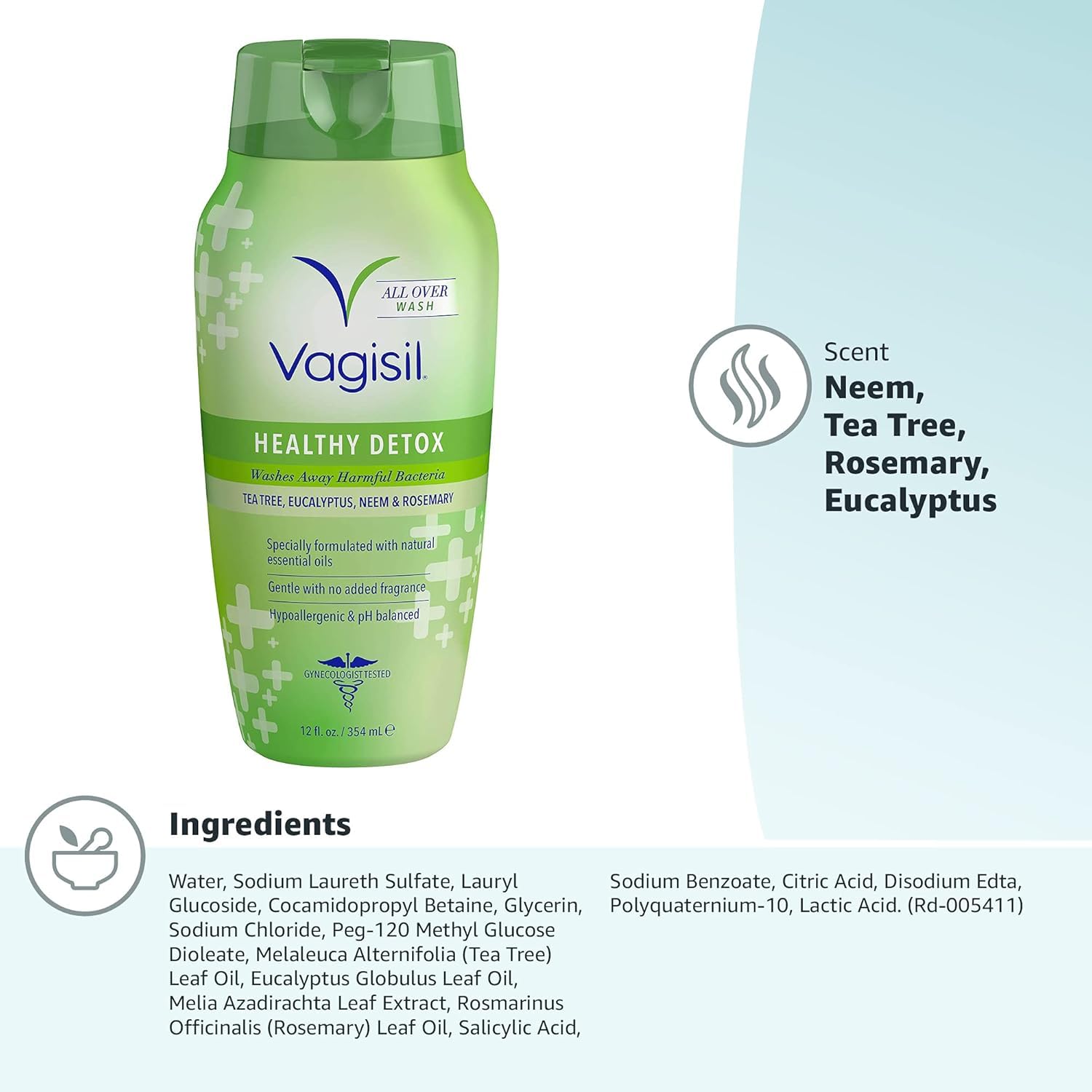 Vagisil Feminine Wash for Intimate Area Hygiene, Healthy Detox, All Over Body Wash for Women, Gynecologist Tested, Hypoallergenic and pH Balanced, 12 Fl Oz (Pack of 3)