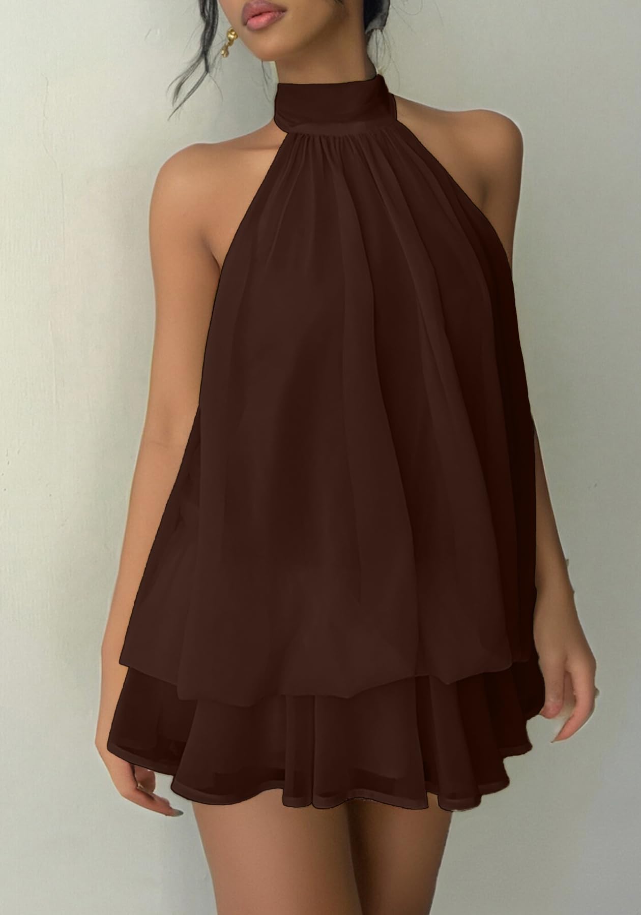 SHINFY Women Chiffon Halter Cocktail Dresses for Wedding Guest Ruffle Mini Beach Vacation Birthday Dresses