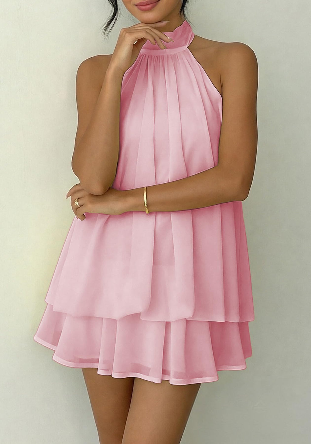 SHINFY Women Chiffon Halter Cocktail Dresses for Wedding Guest Ruffle Mini Beach Vacation Birthday Dresses