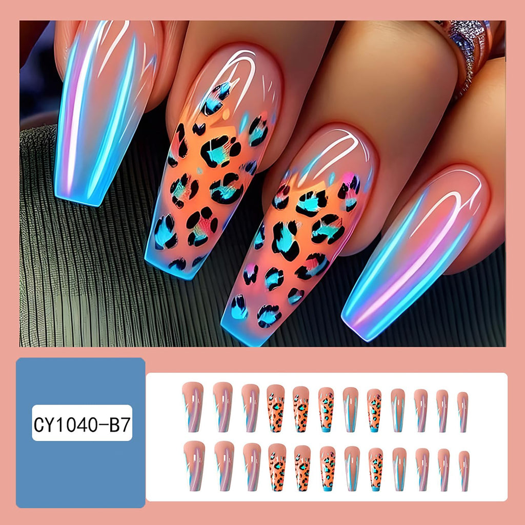 Glitter Powder Love Heart Press on Nails Long Square Gold Glitter Stripes Design Blue Gradient Acrylic Fake Nail Full Cover Glossy Artificial Fingernails DIY Reusable Glue on Nails for Women 24Pcs