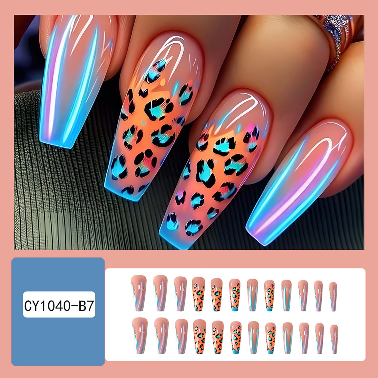 Glitter Powder Love Heart Press on Nails Long Square Gold Glitter Stripes Design Blue Gradient Acrylic Fake Nail Full Cover Glossy Artificial Fingernails DIY Reusable Glue on Nails for Women 24Pcs