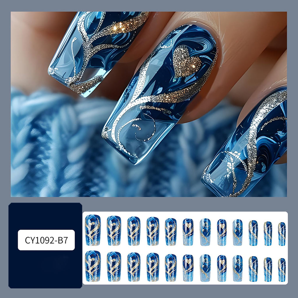 Glitter Powder Love Heart Press on Nails Long Square Gold Glitter Stripes Design Blue Gradient Acrylic Fake Nail Full Cover Glossy Artificial Fingernails DIY Reusable Glue on Nails for Women 24Pcs