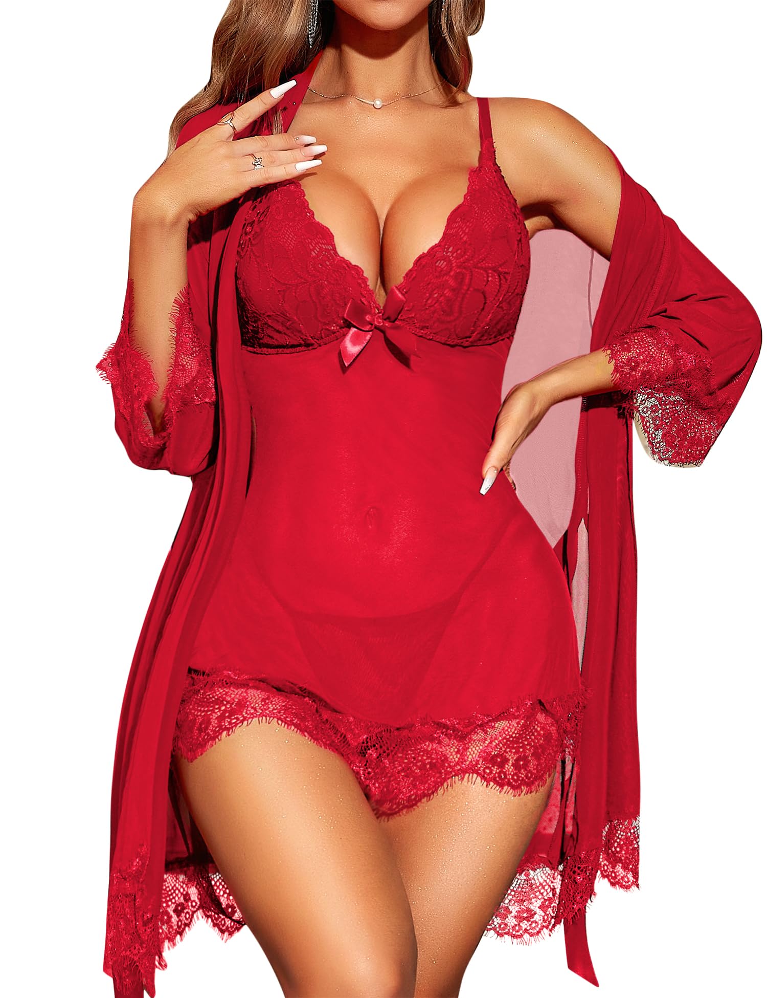 RSLOVE Women Sexy Lingerie Set 3 Piece Babydoll & Lace Kimono Robe Strap Chemise Sleepwear Mesh Nightgown