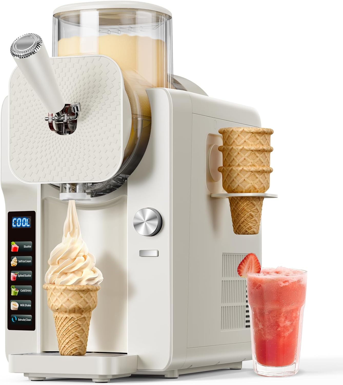 Slush Machine & Ice Cream Maker Machine 2-IN-1, for Smoothies, Margarita | 6 Modes for Smoothies, Milkshakes, Margarita, and Ice Cream, Double-Layer Tank, With Ice Cream Cone Holder, Home Use