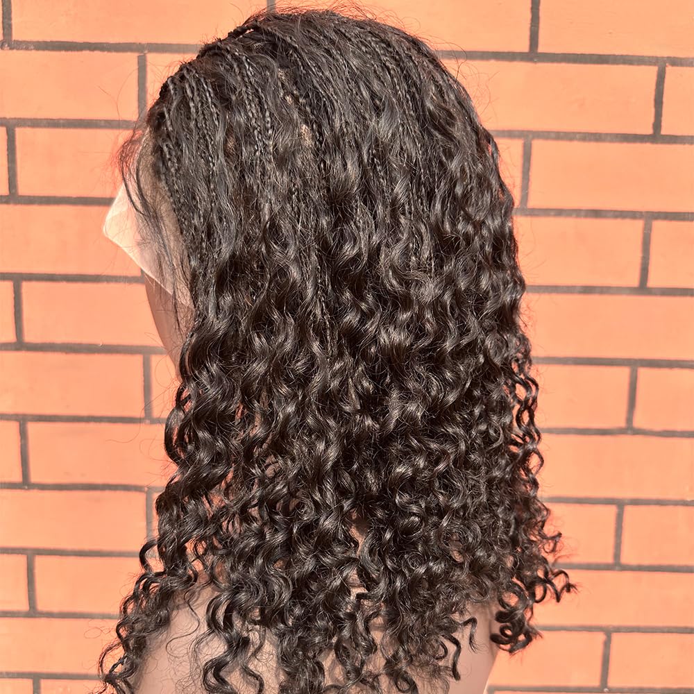FlowerSeason Boho Box Braids Wig Full Lace Braided Wig Human Hair Square Parted Knotless Pre Pluched With Baby Hair Braided Wigs for Black Women(12 inch)