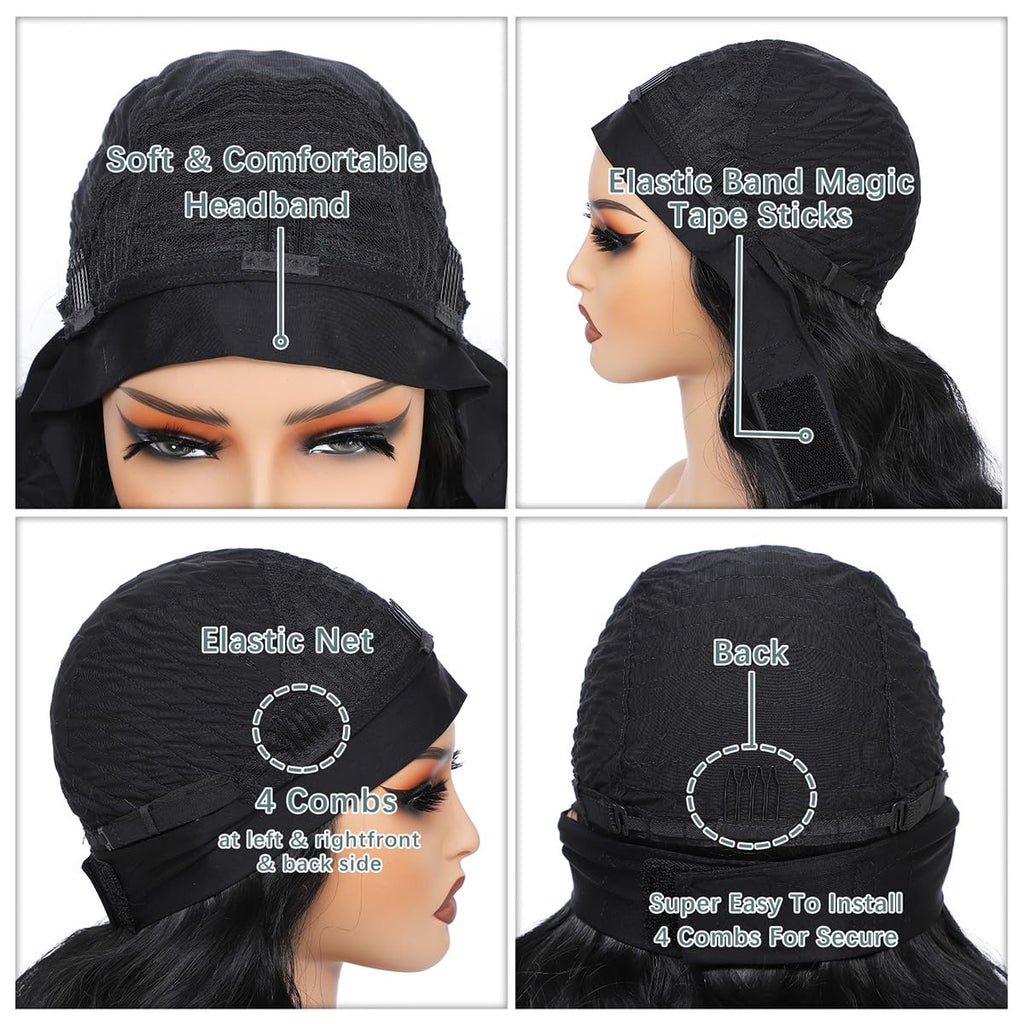 Long Wavy Headband Wig for Women Black Wigs with Brown Blonde Highlight 200% Denisty Headband Wigs Put On and Go Glueless Wig Long Synthetic Wig for Women Party Daliy Use