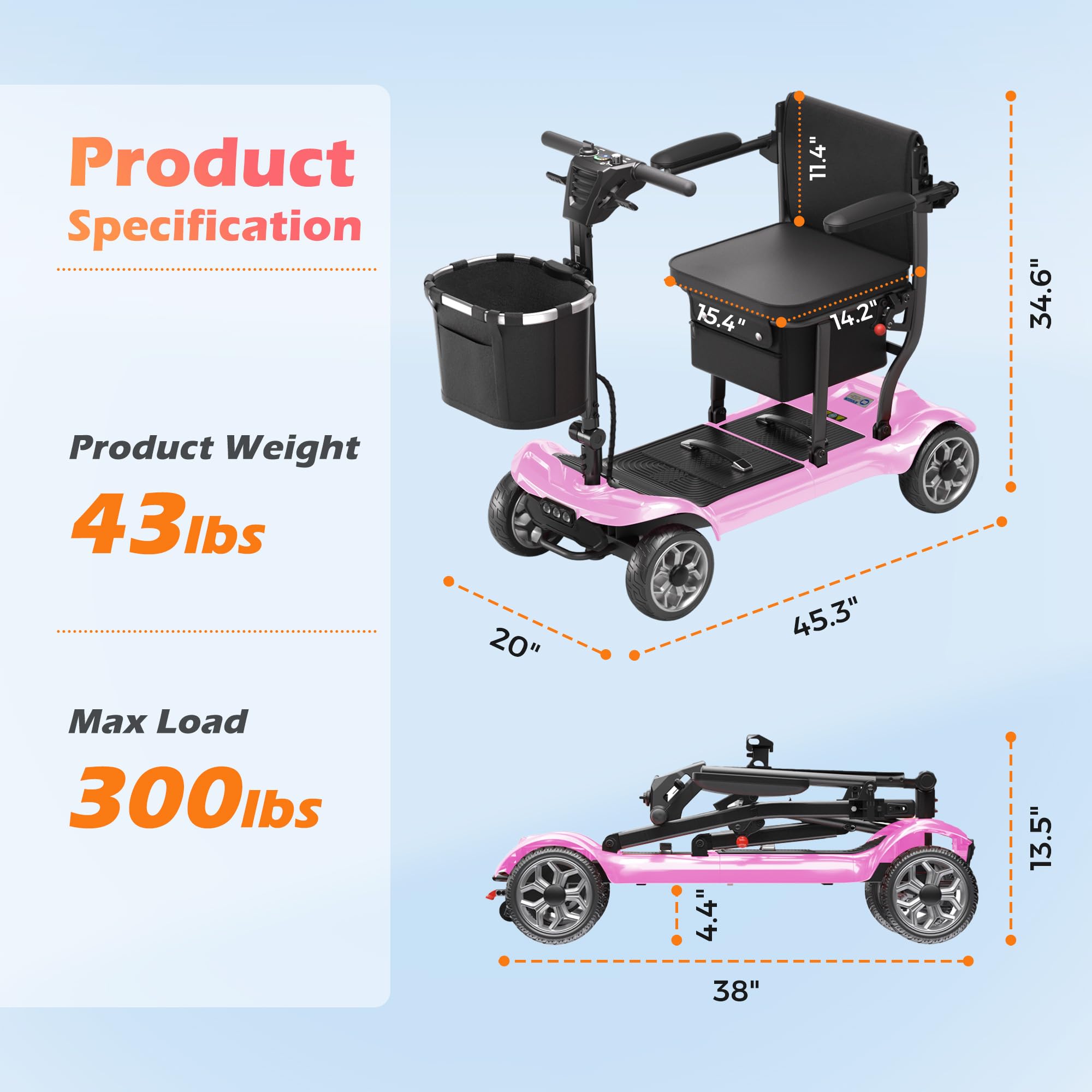 Lightweight Mobility Scooter for Seniors & Adults - Cruise & Airport Approved, 43lb Foldable Portable Motorized Scooters with Removable Lithium Battery for 12.4 Miles Travel, 300lb Capacity, Red