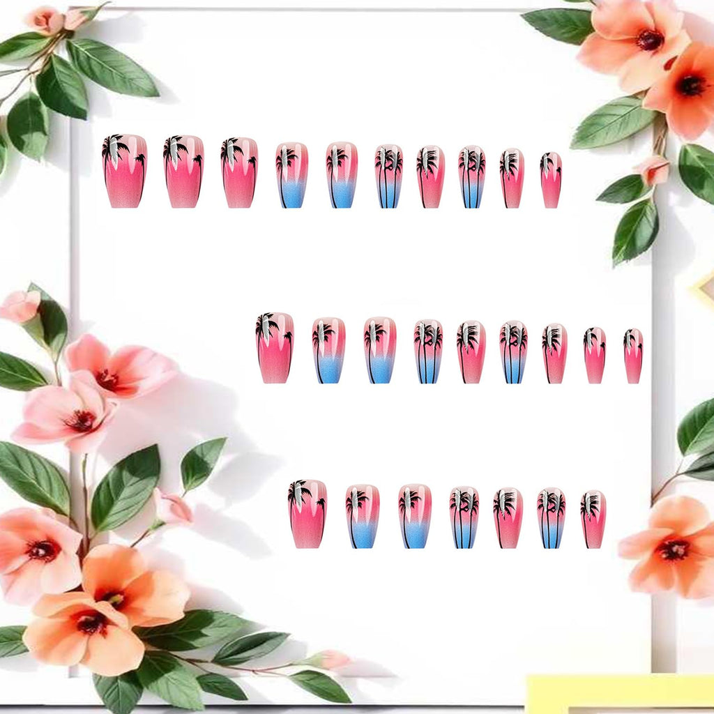 Glitter Powder Love Heart Press on Nails Long Square Gold Glitter Stripes Design Blue Gradient Acrylic Fake Nail Full Cover Glossy Artificial Fingernails DIY Reusable Glue on Nails for Women 24Pcs