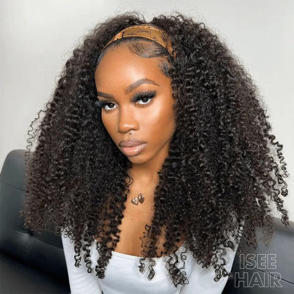 ISEE Half Wig Human Hair Glueless Wigs Upgrade 3 IN 1 Half Wig With Drawstring Seamless Clip Ins Flip Over Kinky Curly Human Hair No Glue No Lace For Women 180% Density 22 Inch