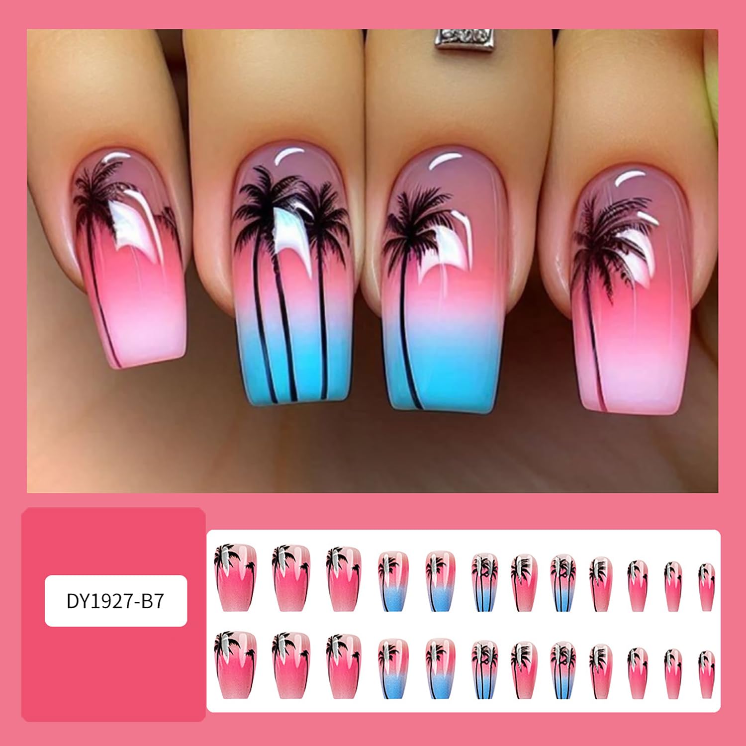 Glitter Powder Love Heart Press on Nails Long Square Gold Glitter Stripes Design Blue Gradient Acrylic Fake Nail Full Cover Glossy Artificial Fingernails DIY Reusable Glue on Nails for Women 24Pcs